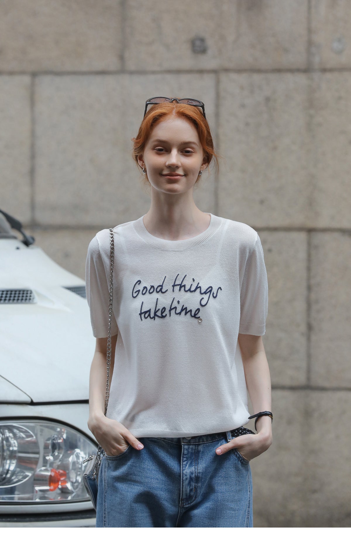 Short-Sleeve Knit Top With Letter Embroidery