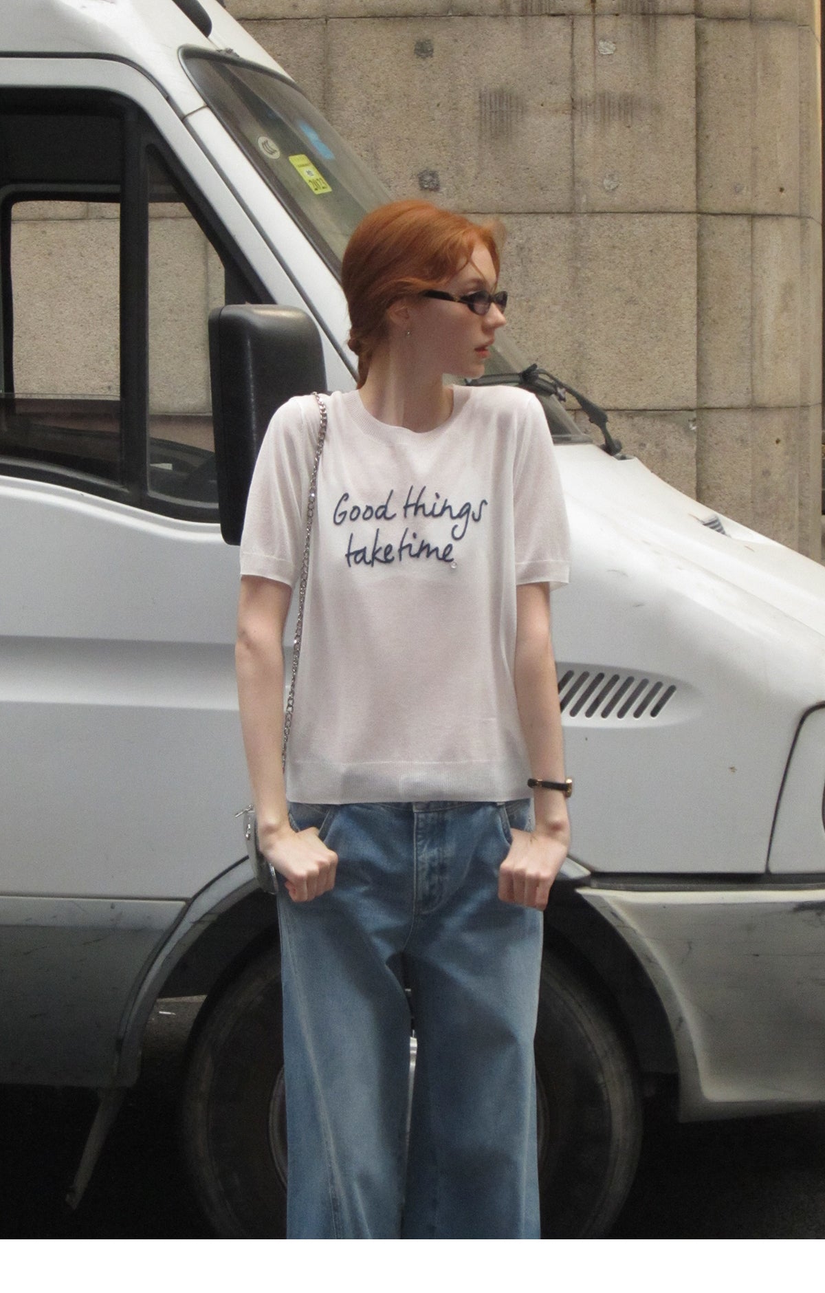 Short-Sleeve Knit Top With Letter Embroidery