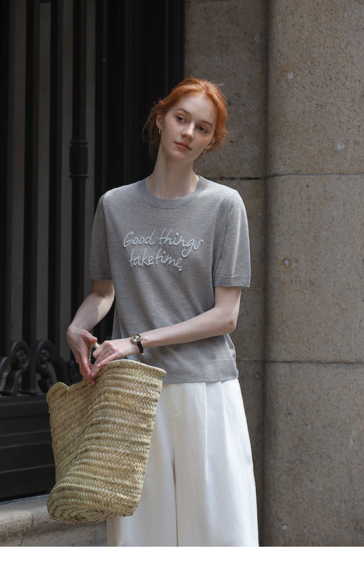 Short-Sleeve Knit Top With Letter Embroidery