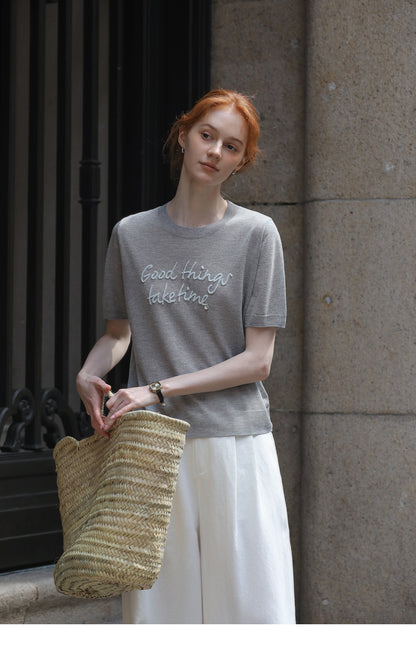 Short-Sleeve Knit Top With Letter Embroidery