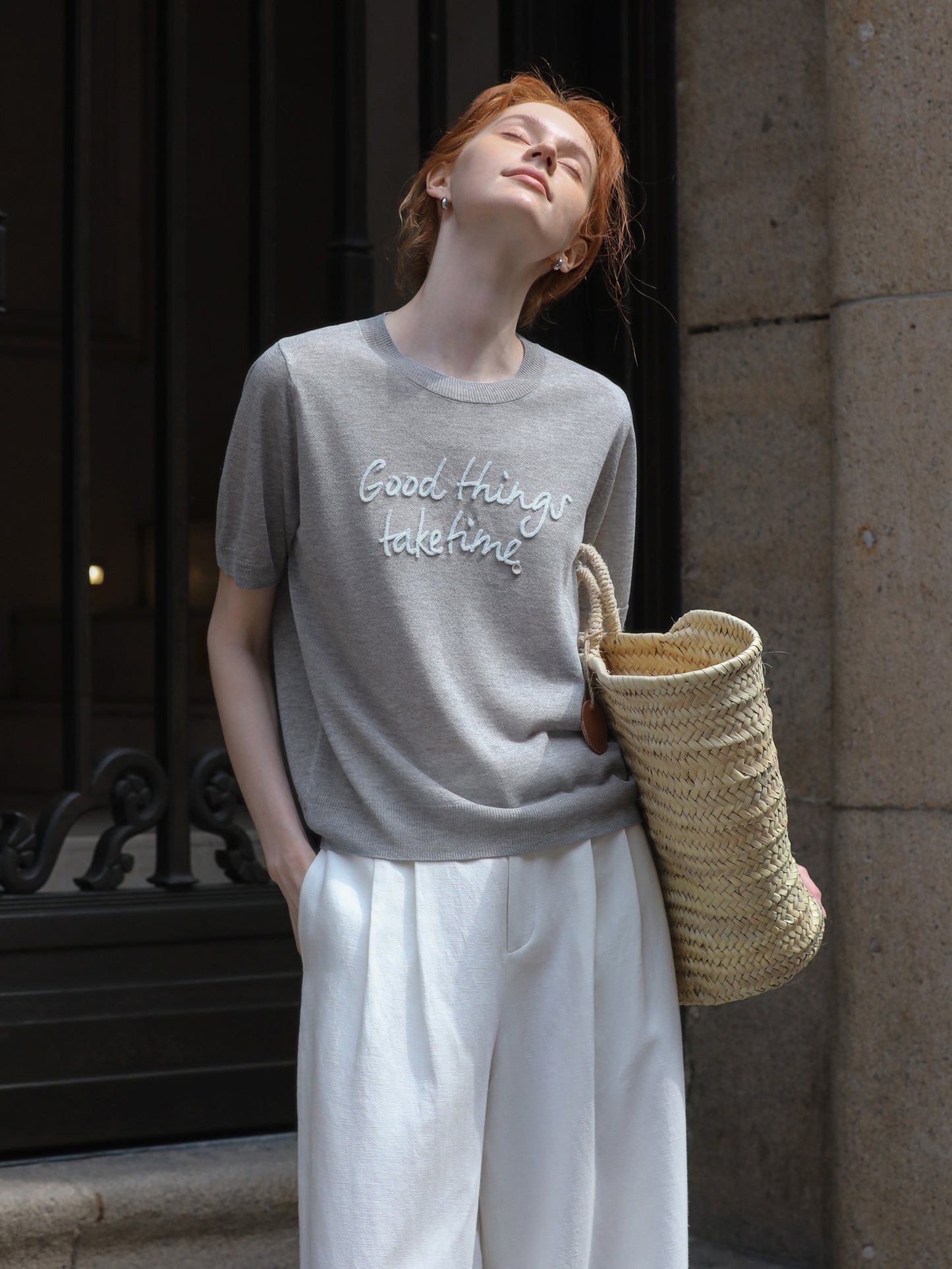 Short-Sleeve Knit Top With Letter Embroidery