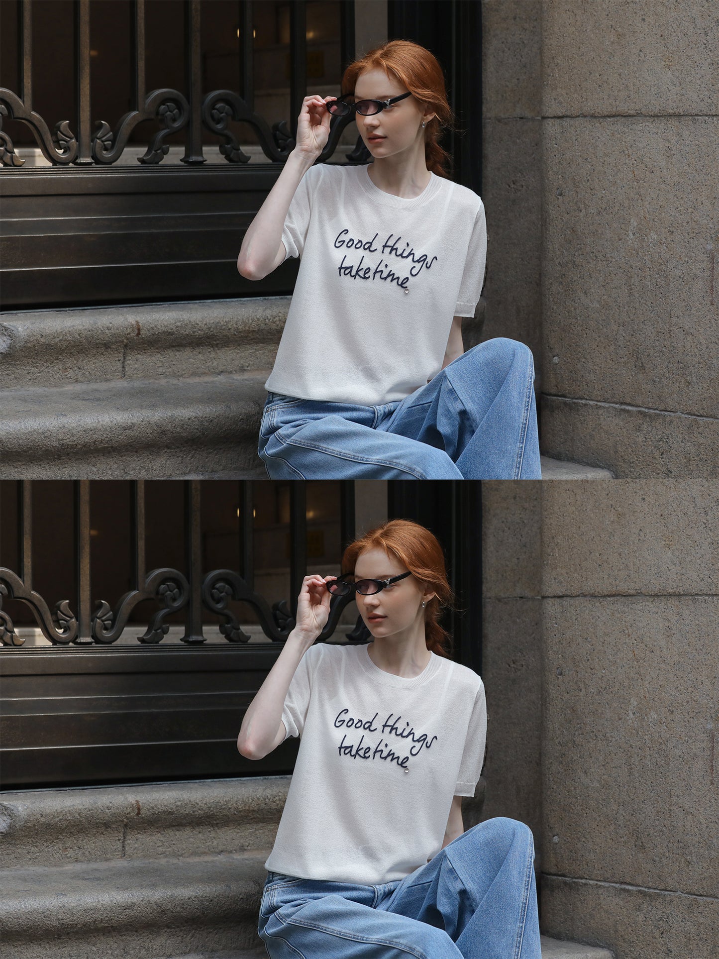 Short-Sleeve Knit Top With Letter Embroidery