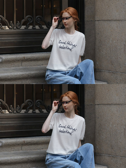 Short-Sleeve Knit Top With Letter Embroidery