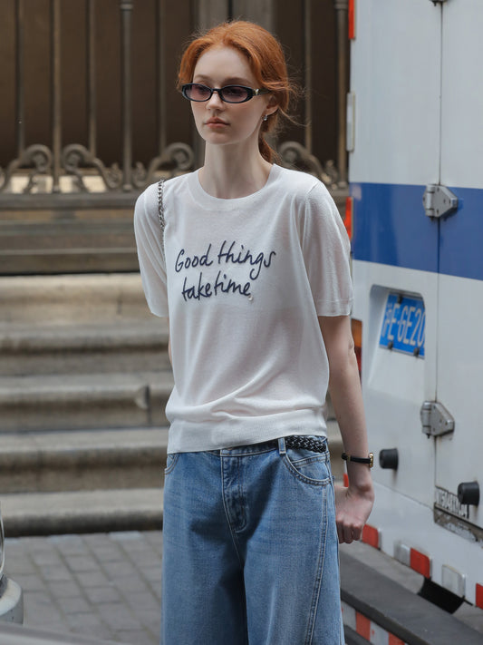Short-Sleeve Knit Top With Letter Embroidery