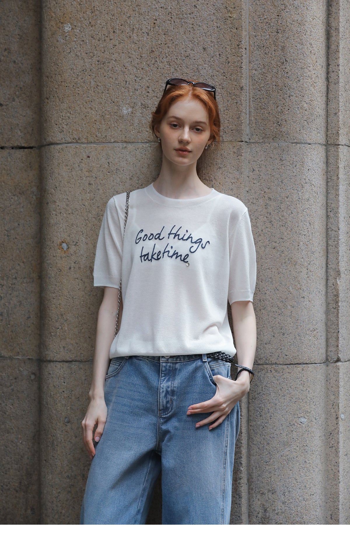 Short-Sleeve Knit Top With Letter Embroidery