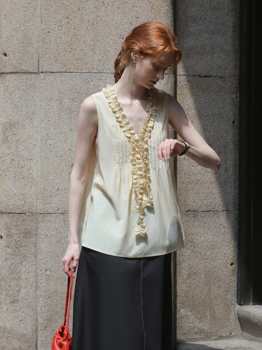 Reversible Ruffle-Neck Pintuck Sleeveless Blouse