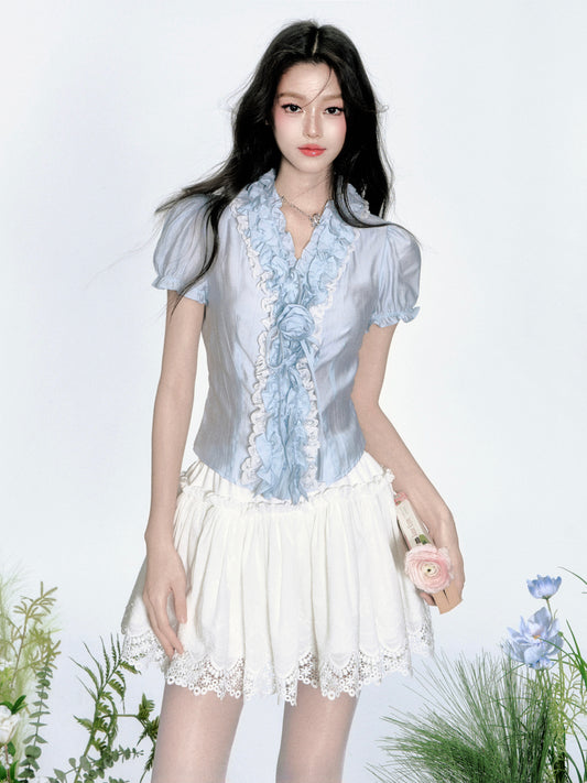 Crinkled Puff-Sleeve Blouse With Ruffle Detail
