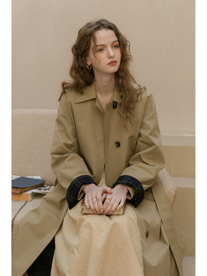Minimal Belted Coat With Plaid Contrast Cuffs