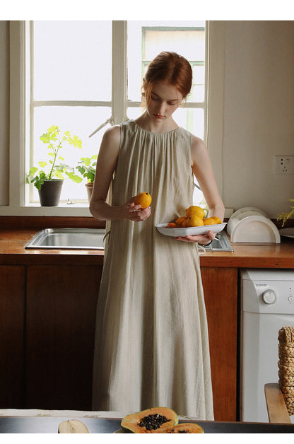 Neutral Sleeveless Gathered Dress With Lace-Up Back