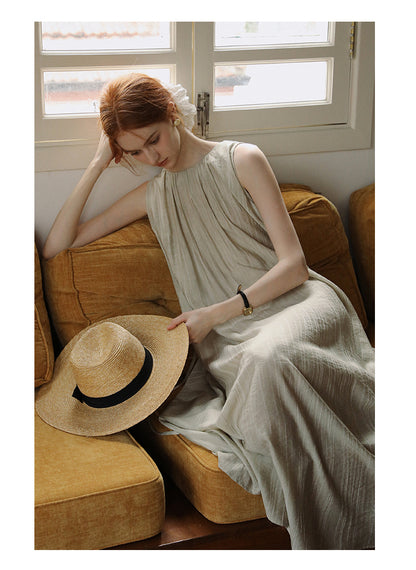 Neutral Sleeveless Gathered Dress With Lace-Up Back