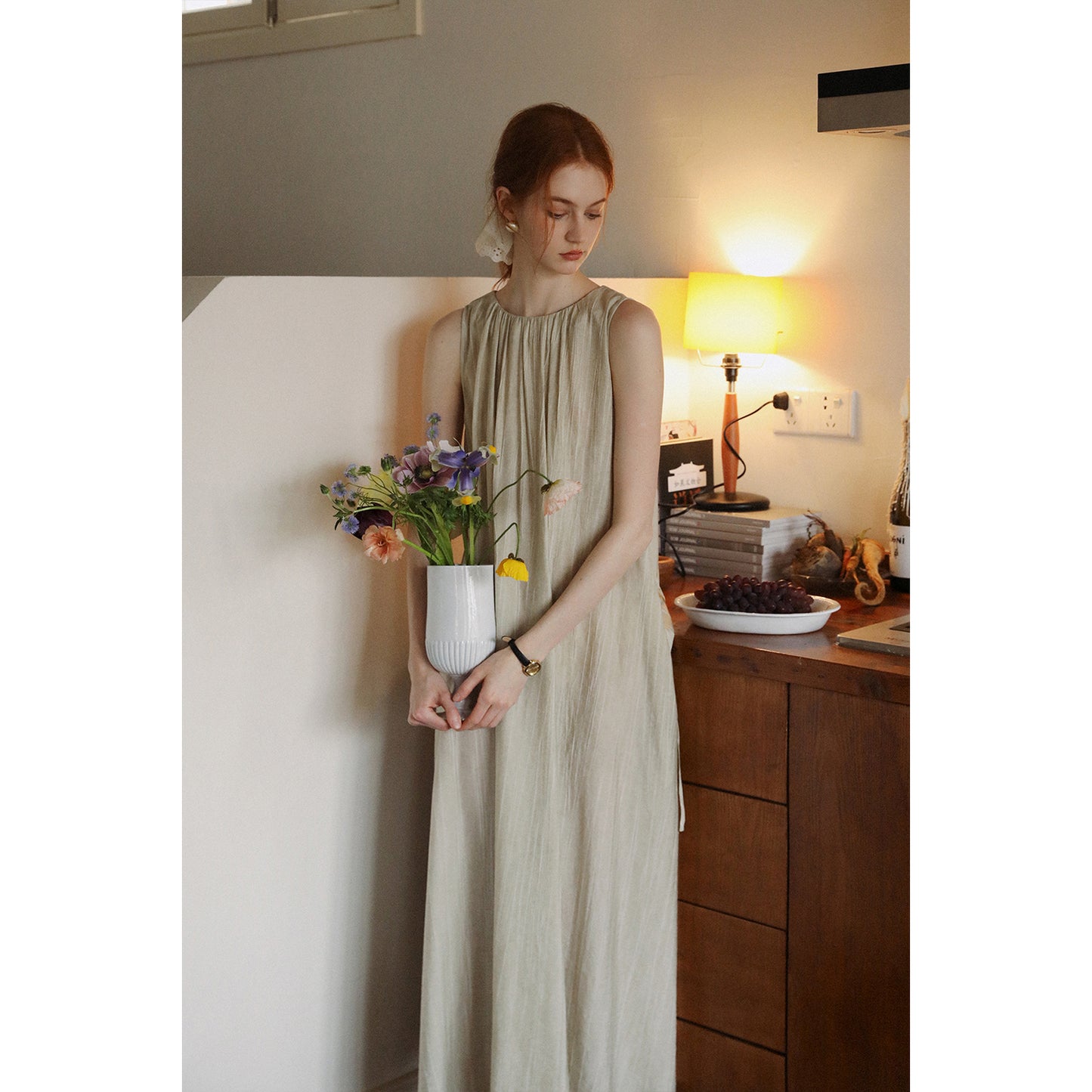 Neutral Sleeveless Gathered Dress With Lace-Up Back