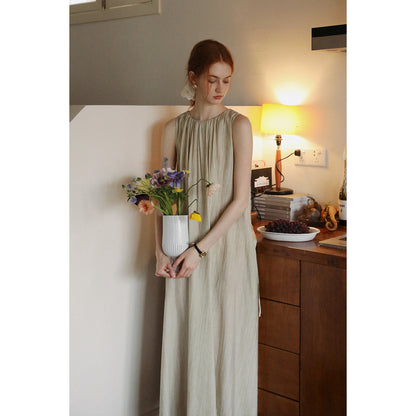Neutral Sleeveless Gathered Dress With Lace-Up Back