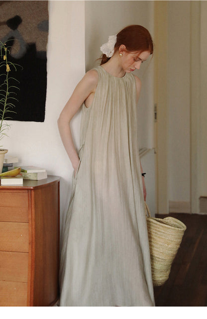 Neutral Sleeveless Gathered Dress With Lace-Up Back