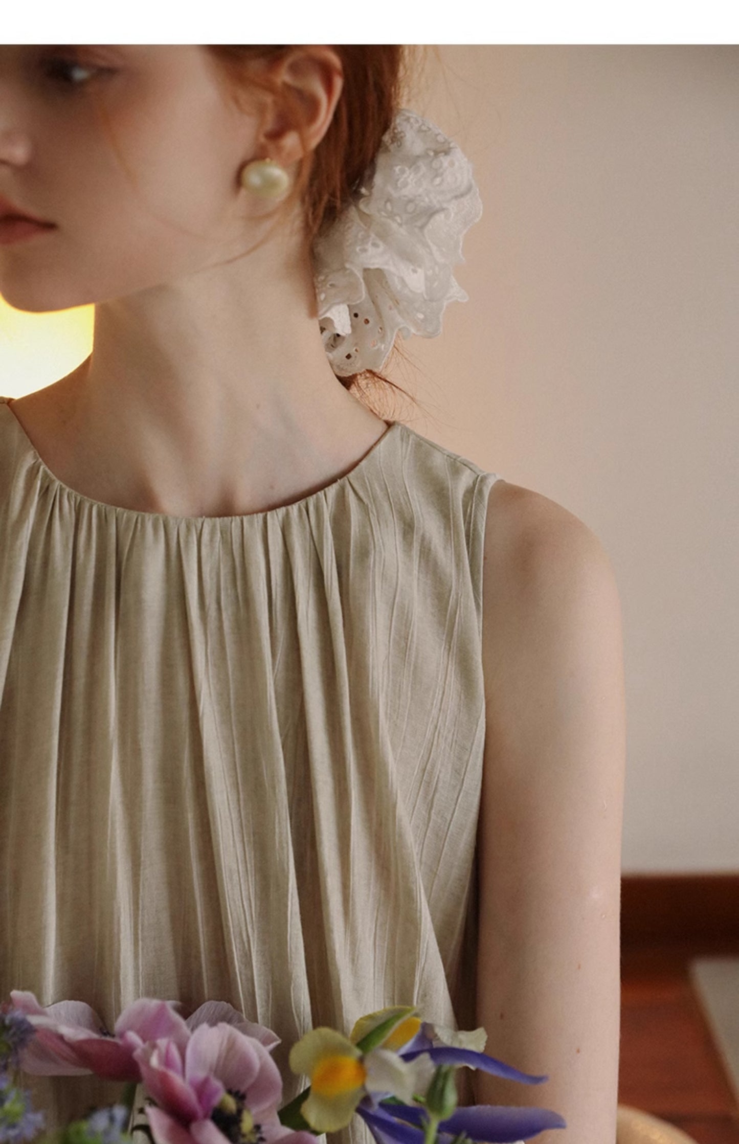 Neutral Sleeveless Gathered Dress With Lace-Up Back