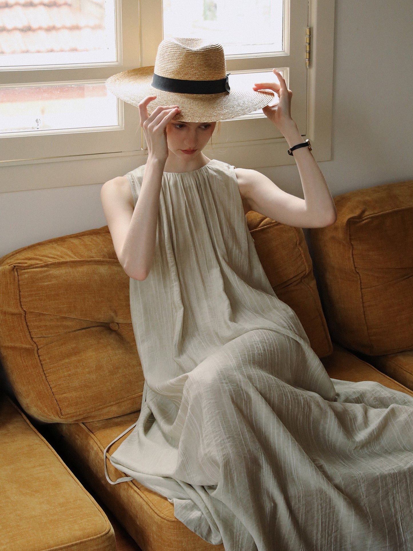Neutral Sleeveless Gathered Dress With Lace-Up Back