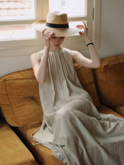 Neutral Sleeveless Gathered Dress With Lace-Up Back