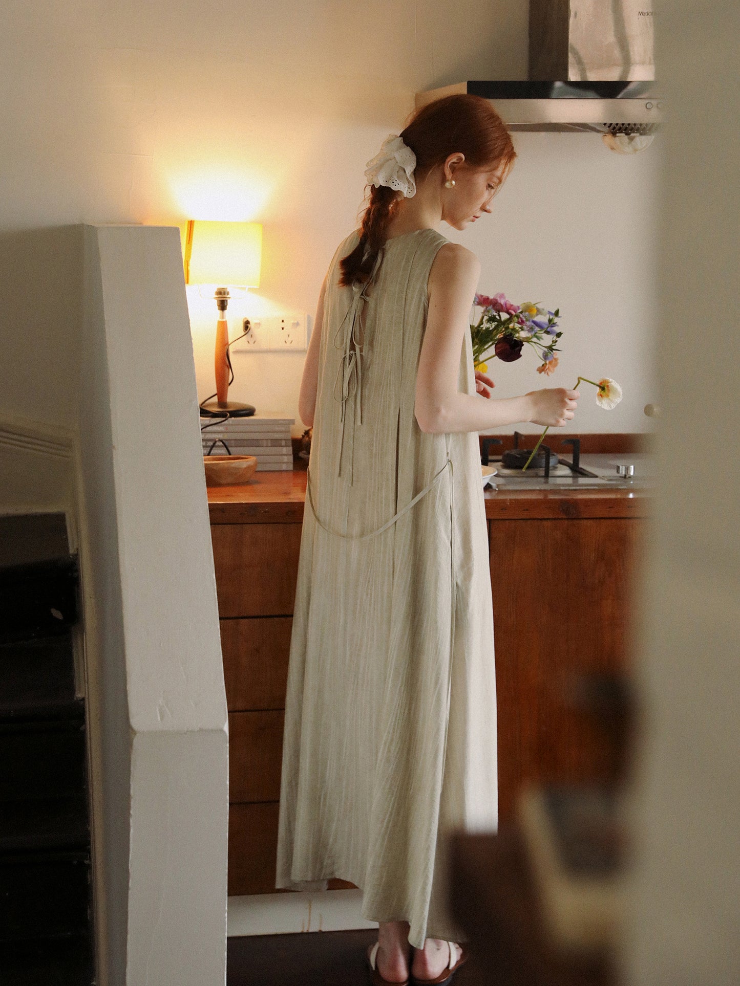 Neutral Sleeveless Gathered Dress With Lace-Up Back