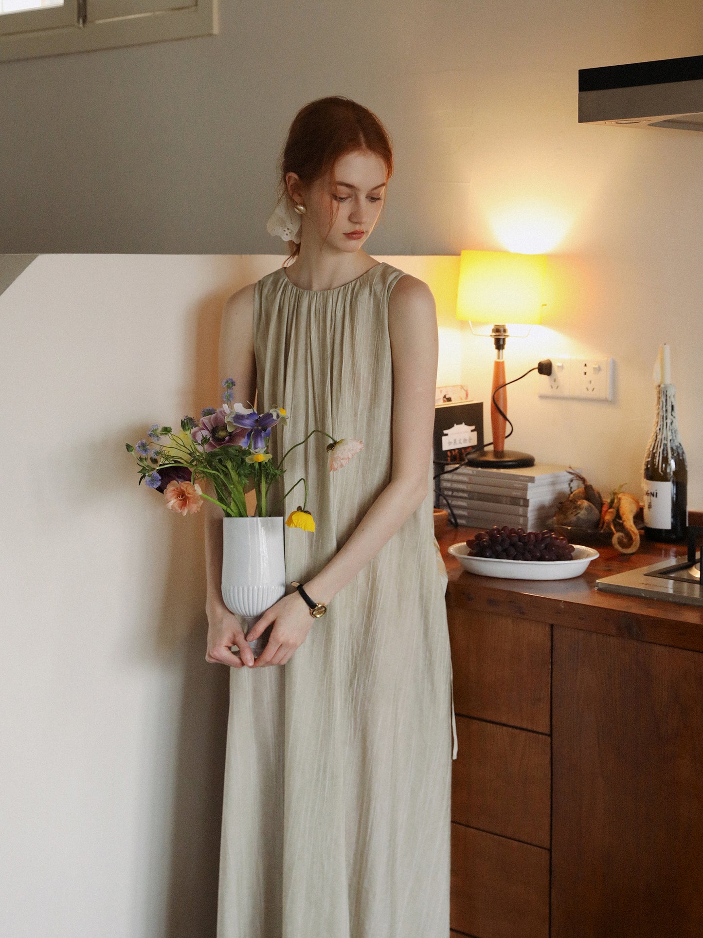 Neutral Sleeveless Gathered Dress With Lace-Up Back