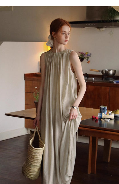 Neutral Sleeveless Gathered Dress With Lace-Up Back