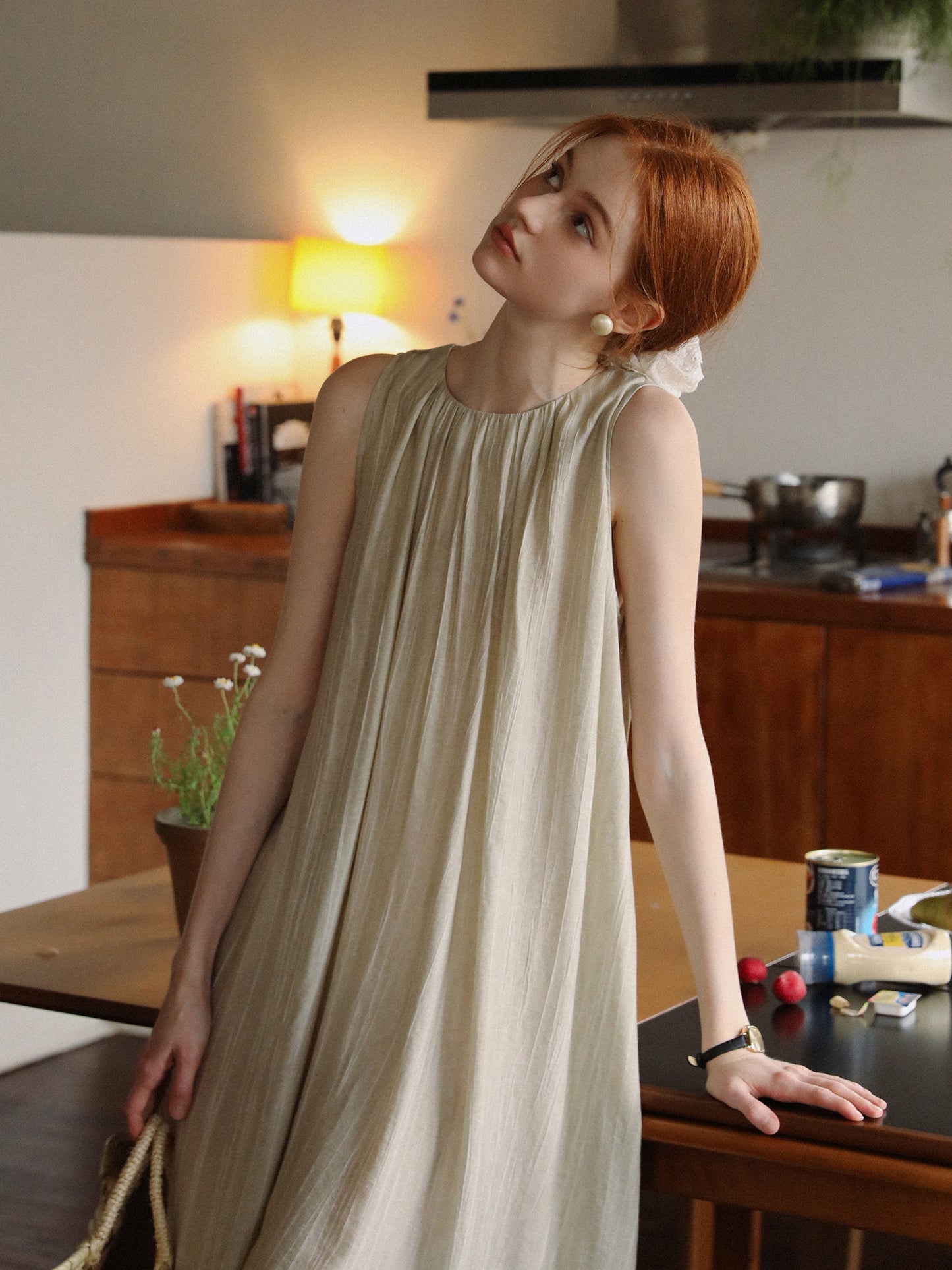 Neutral Sleeveless Gathered Dress With Lace-Up Back
