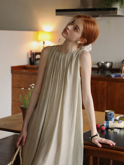 Neutral Sleeveless Gathered Dress With Lace-Up Back
