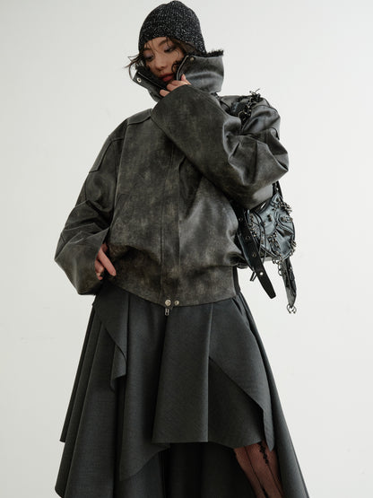 Edgy Faux Leather Fur Collar Rock Jacket