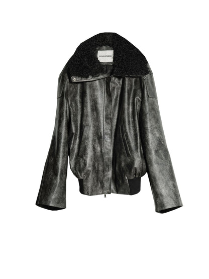Edgy Faux Leather Fur Collar Rock Jacket
