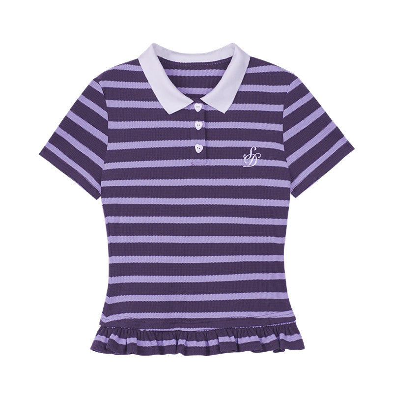 Embroidered Striped Polo Shirt With Ruffled Hem