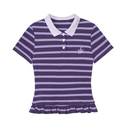 Embroidered Striped Polo Shirt With Ruffled Hem