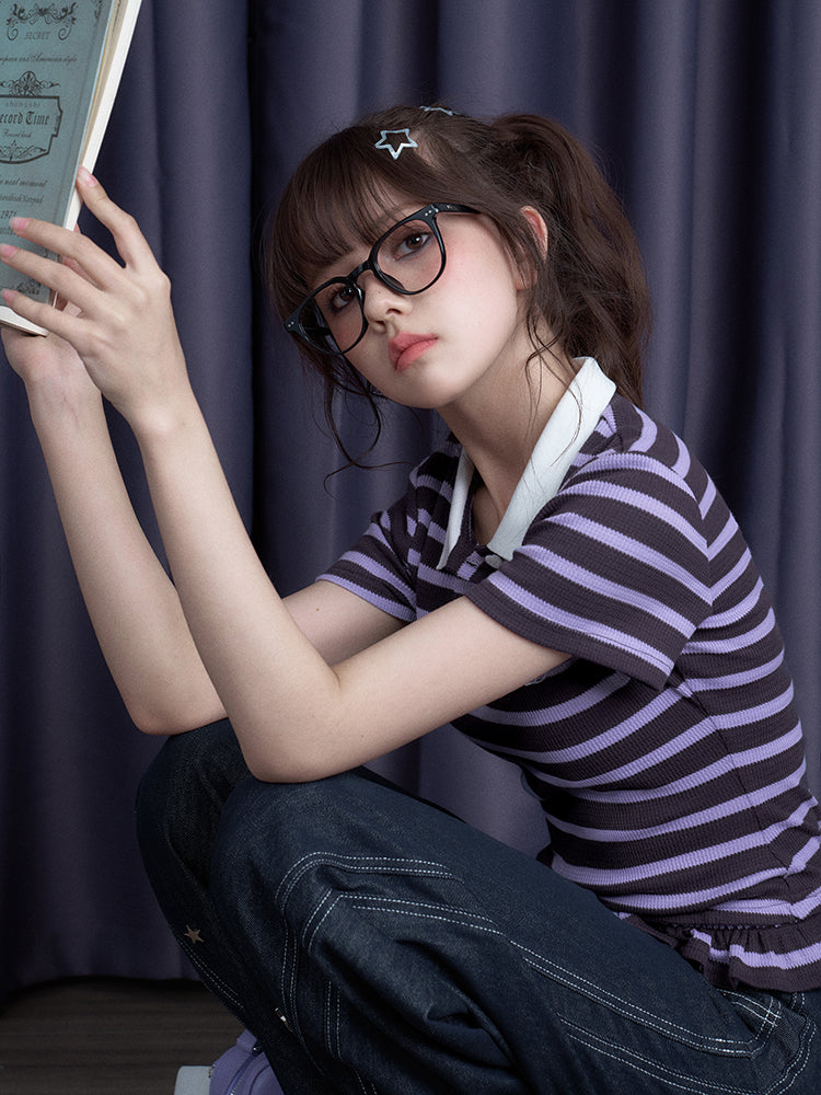 Embroidered Striped Polo Shirt With Ruffled Hem