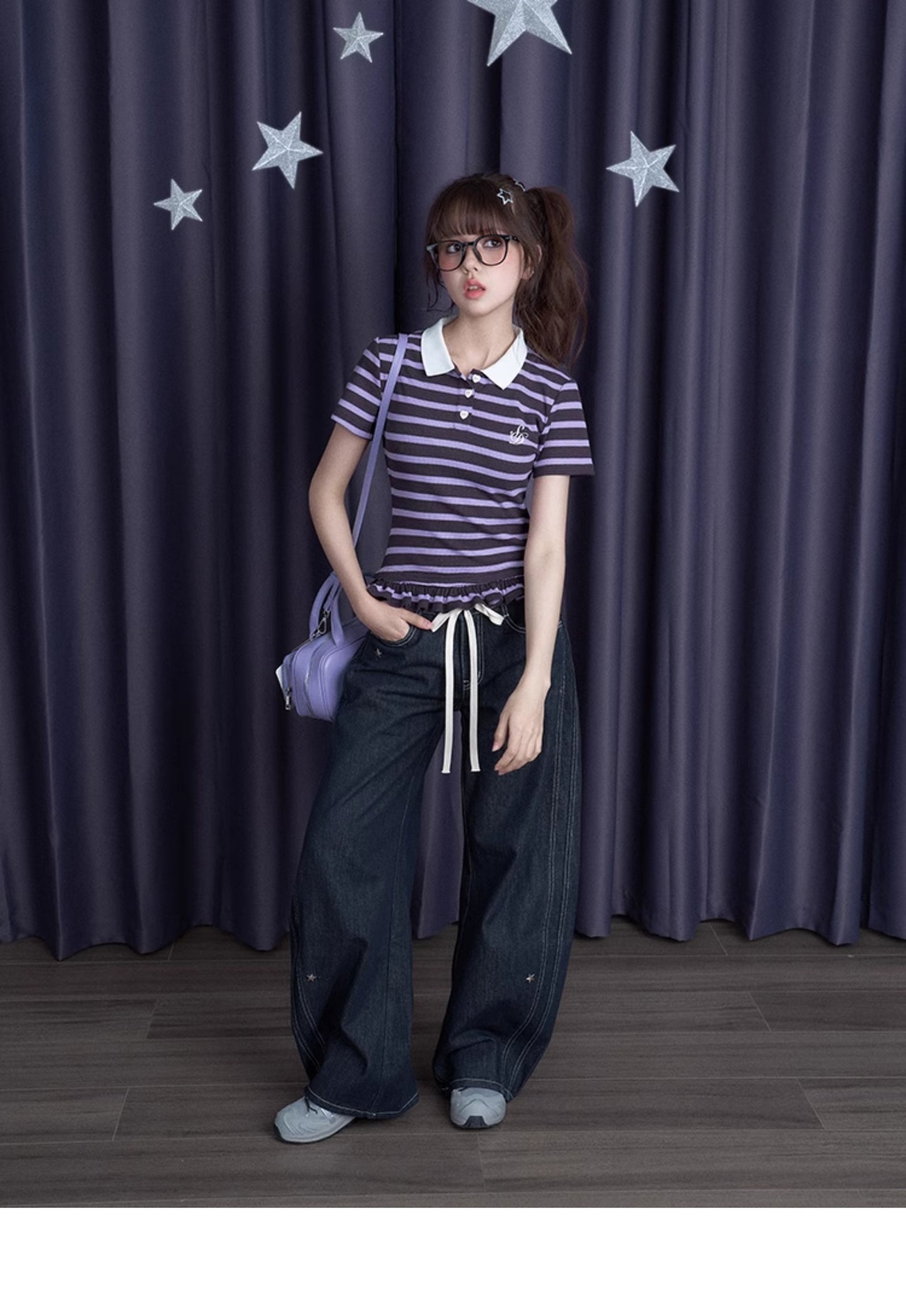 Embroidered Striped Polo Shirt With Ruffled Hem