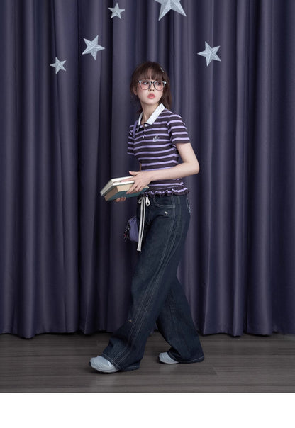 Embroidered Striped Polo Shirt With Ruffled Hem