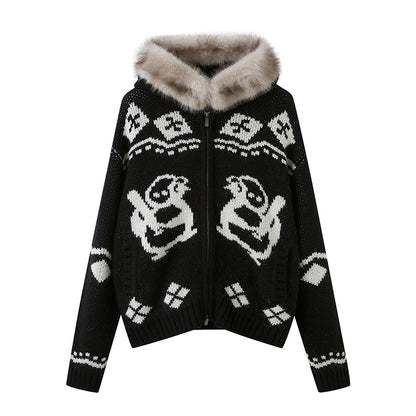 Jacquard Penguin Knit Hoodie With Removable Fur