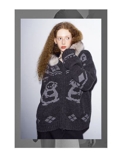 Jacquard Penguin Knit Hoodie With Removable Fur