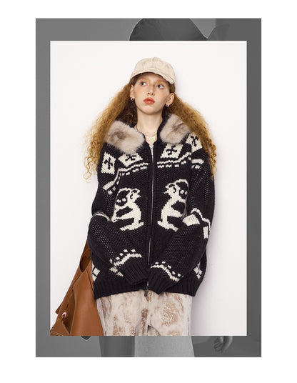 Jacquard Penguin Knit Hoodie With Removable Fur