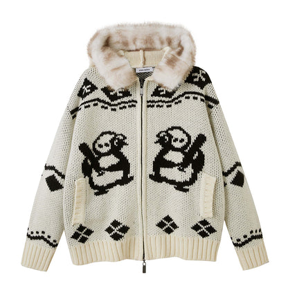 Jacquard Penguin Knit Hoodie With Removable Fur