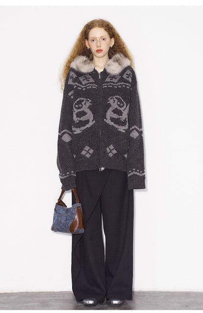 Jacquard Penguin Knit Hoodie With Removable Fur