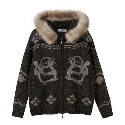 Jacquard Penguin Knit Hoodie With Removable Fur