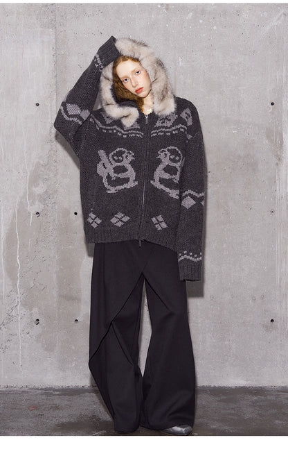 Jacquard Penguin Knit Hoodie With Removable Fur