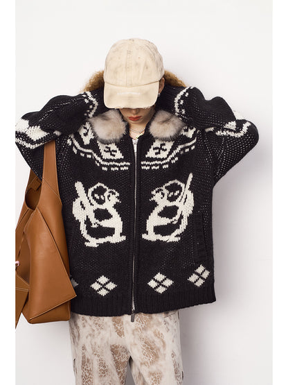 Jacquard Penguin Knit Hoodie With Removable Fur