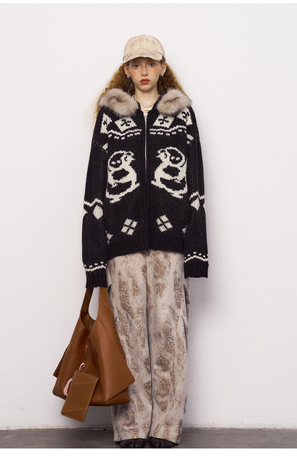 Jacquard Penguin Knit Hoodie With Removable Fur