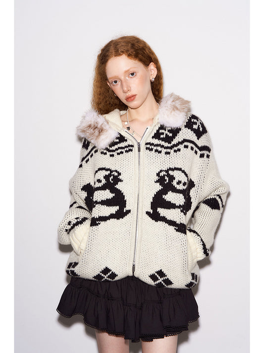 Jacquard Penguin Knit Hoodie With Removable Fur