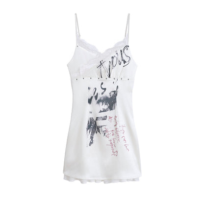 Lace Trim Graffiti Satin Cami Dress