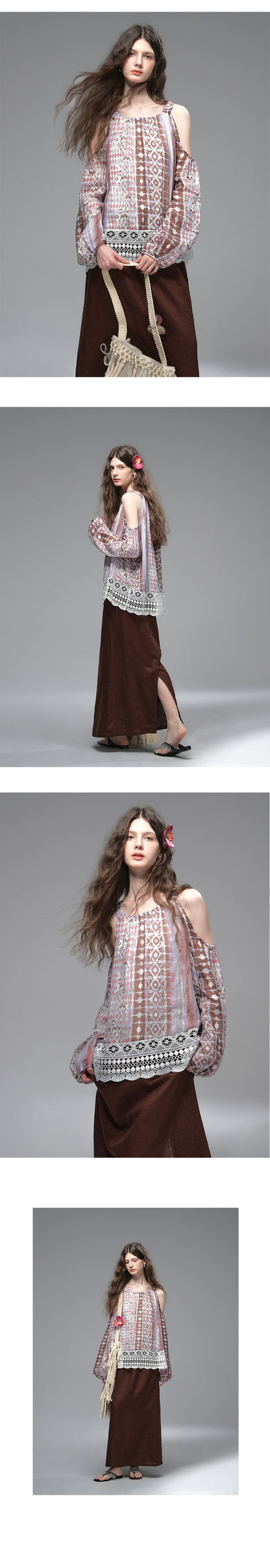 Cold Shoulder Multi Patterned Lace Hem Top