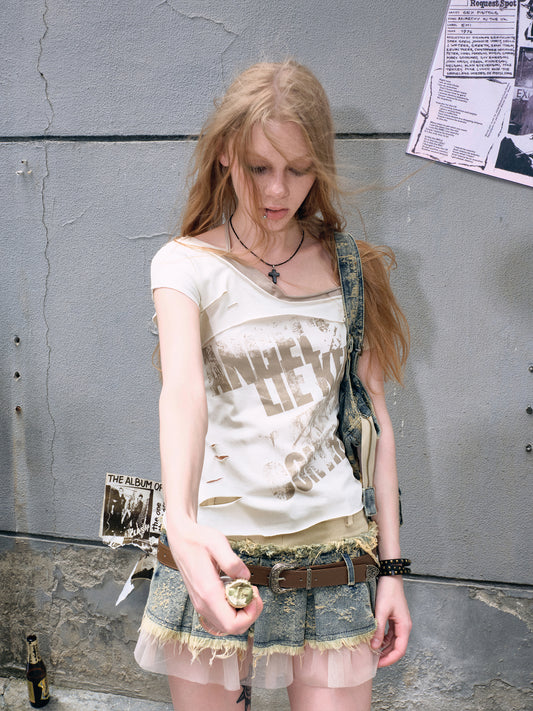 Printed Halter Top With Distressed Finish