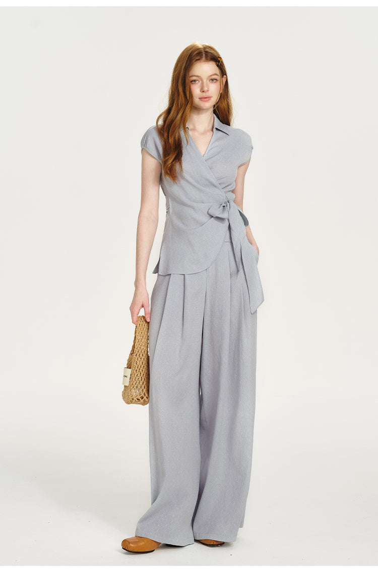 Fluid Collared Wrap Top & Wide-Leg Pants
