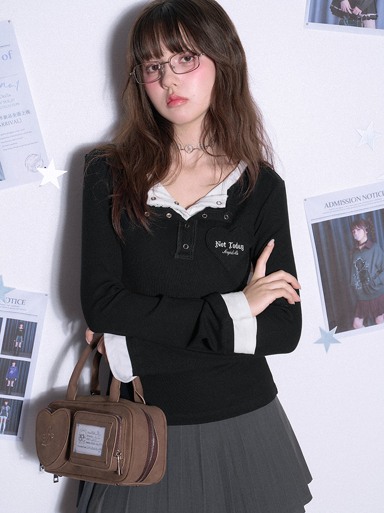 Heart Motif Faux Layered Henley T-Shirt