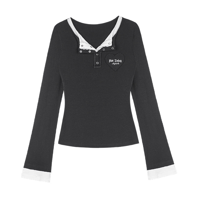 Heart Motif Faux Layered Henley T-Shirt