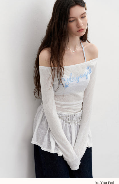 Off-Shoulder Peplum Top With Sequin Lettering