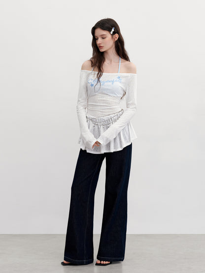 Off-Shoulder Peplum Top With Sequin Lettering